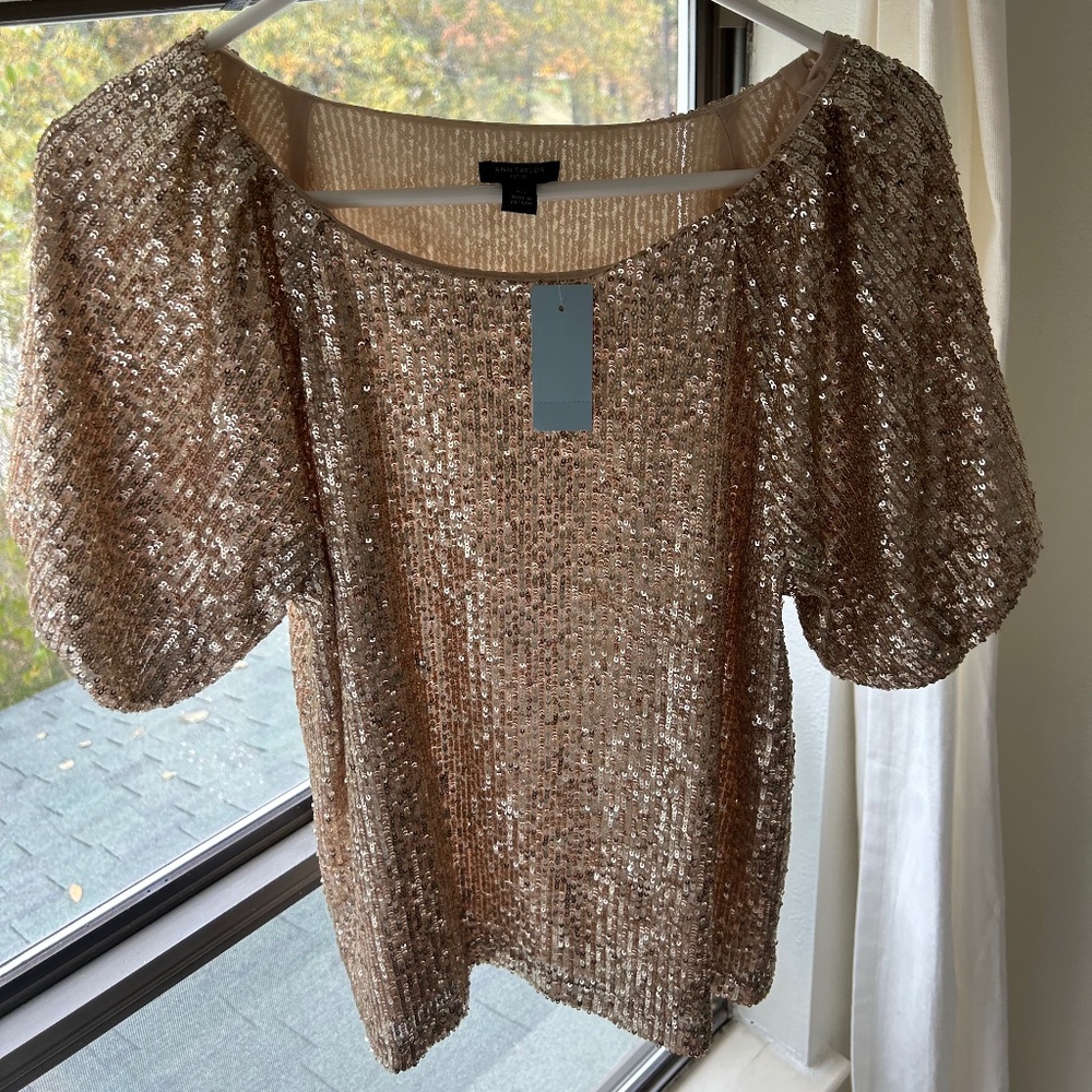 Ann Taylor Gold Sequin Raglan Sleeve Top